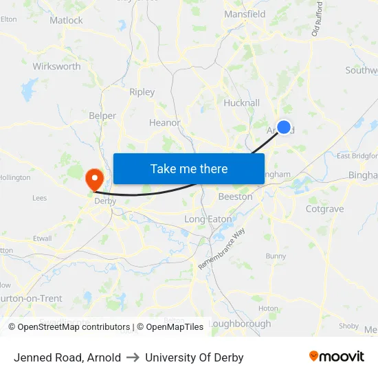 Jenned Road, Arnold to University Of Derby map