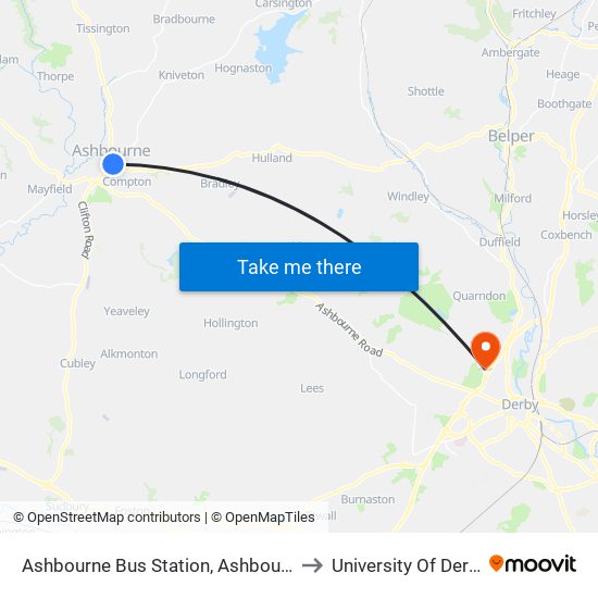 Ashbourne Bus Station, Ashbourne to University Of Derby map