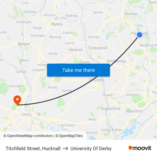 Titchfield Street, Hucknall to University Of Derby map