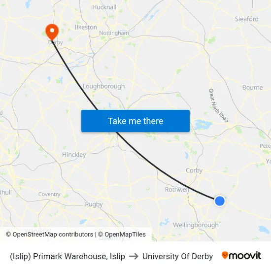 (Islip) Primark Warehouse, Islip to University Of Derby map