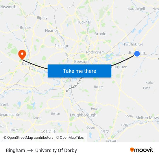 Bingham to University Of Derby map