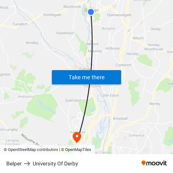 Belper to University Of Derby map