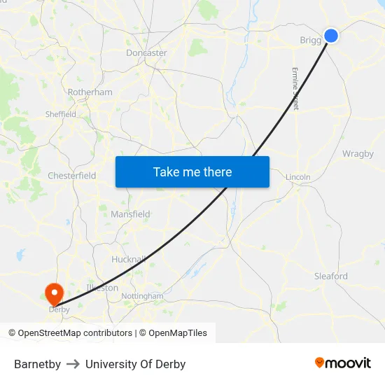 Barnetby to University Of Derby map