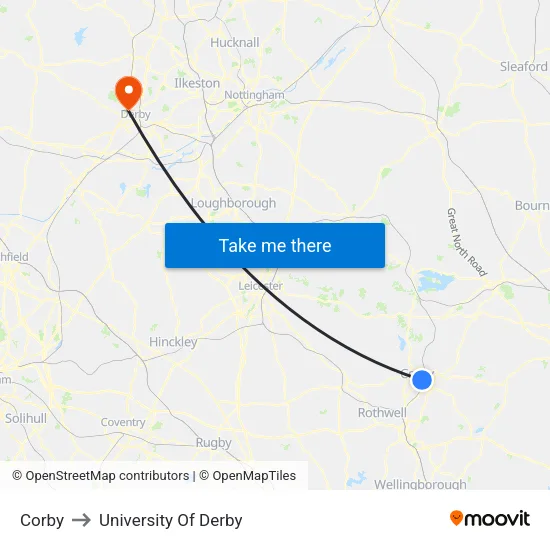 Corby to University Of Derby map