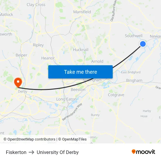 Fiskerton to University Of Derby map