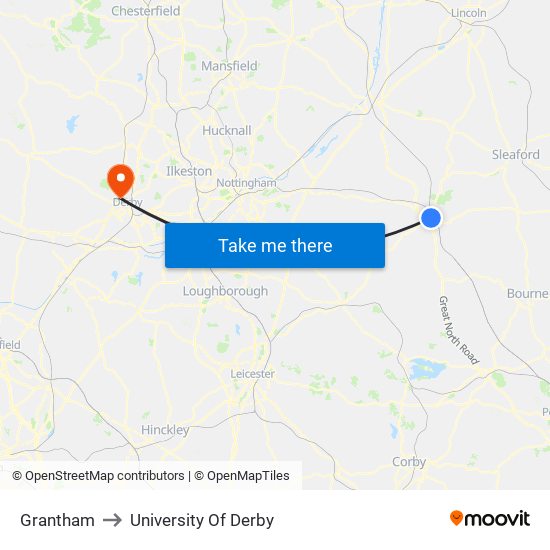 Grantham to University Of Derby map