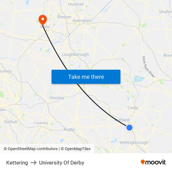 Kettering to University Of Derby map