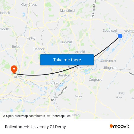 Rolleston to University Of Derby map