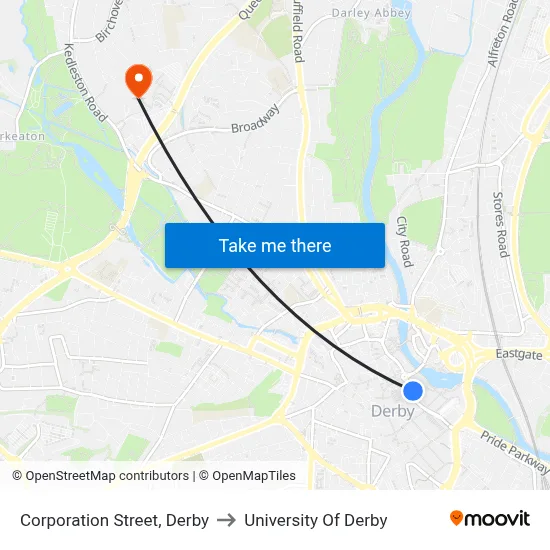 Corporation Street, Derby to University Of Derby map
