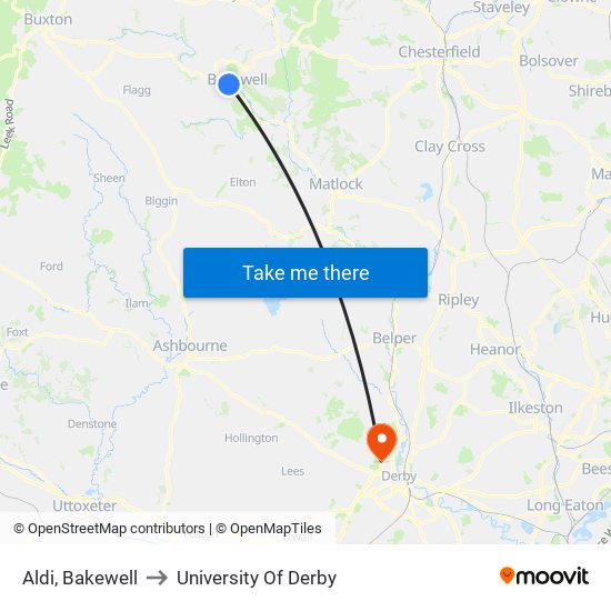 Aldi, Bakewell to University Of Derby map