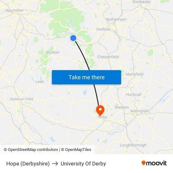 Hope (Derbyshire) to University Of Derby map