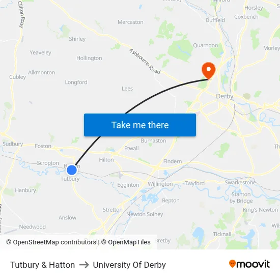 Tutbury & Hatton to University Of Derby map