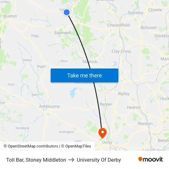 Toll Bar, Stoney Middleton to University Of Derby map