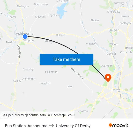 Bus Station, Ashbourne to University Of Derby map