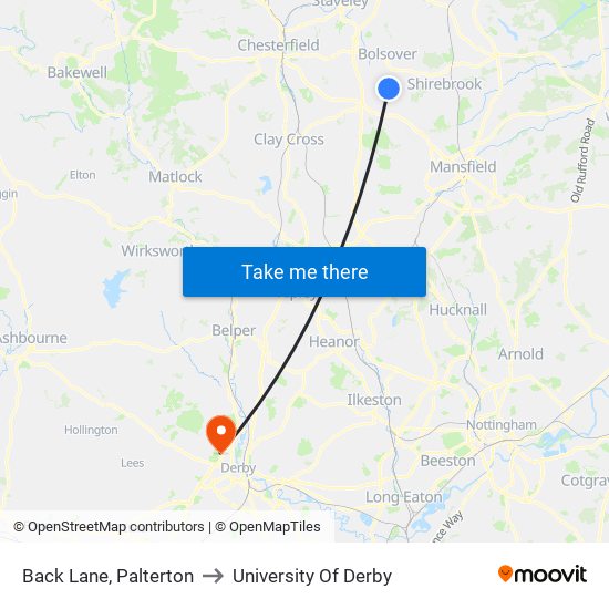 Back Lane, Palterton to University Of Derby map