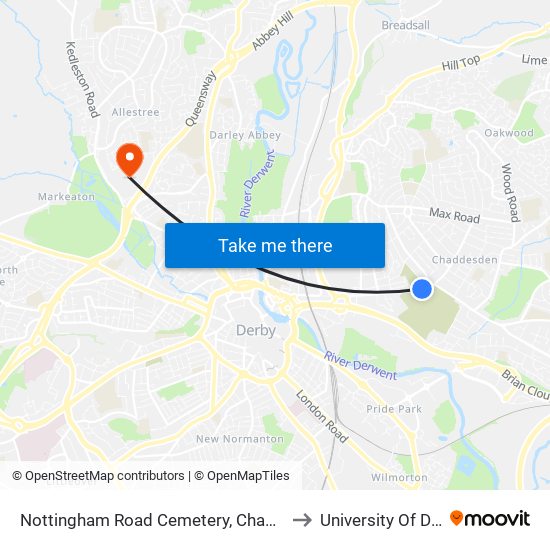 Nottingham Road Cemetery, Chaddesden to University Of Derby map