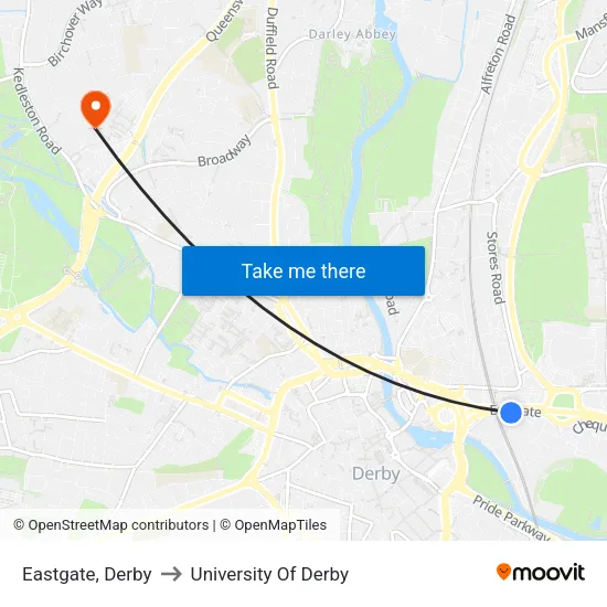 Eastgate, Derby to University Of Derby map