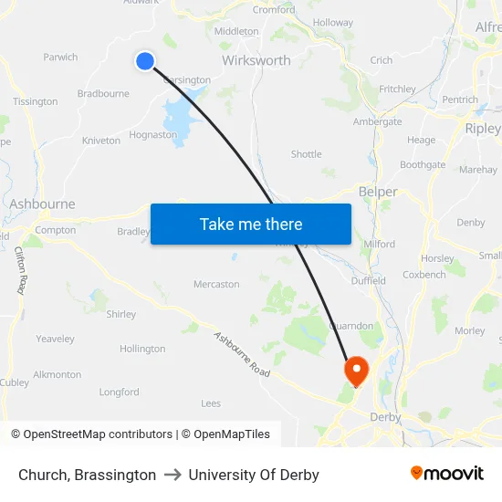 Church, Brassington to University Of Derby map