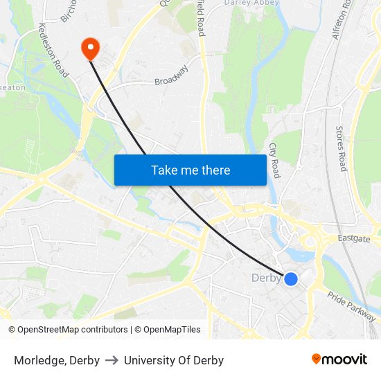 Morledge, Derby to University Of Derby map