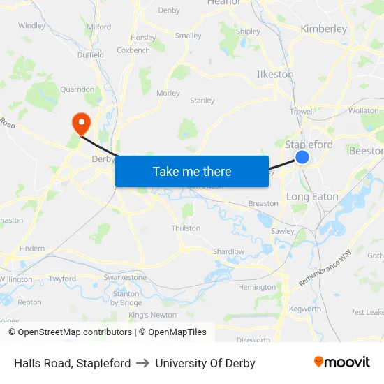 Halls Road, Stapleford to University Of Derby map