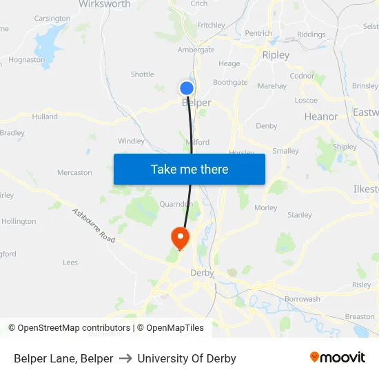 Belper Lane, Belper to University Of Derby map