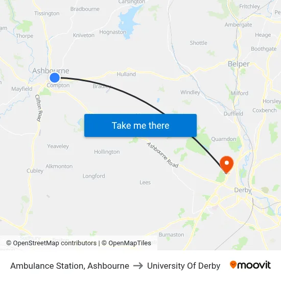 Ambulance Station, Ashbourne to University Of Derby map