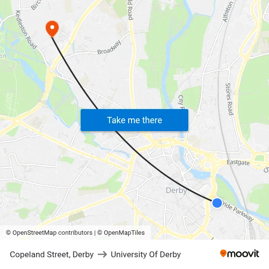 Copeland Street, Derby to University Of Derby map
