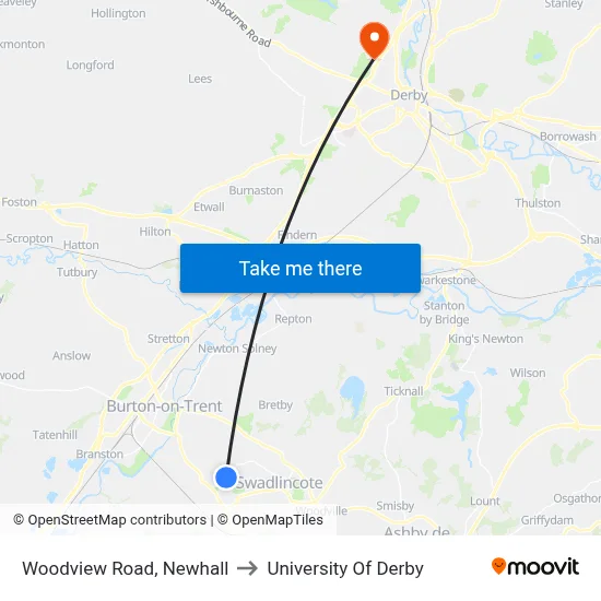 Woodview Road, Newhall to University Of Derby map
