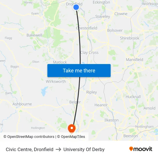 Civic Centre, Dronfield to University Of Derby map