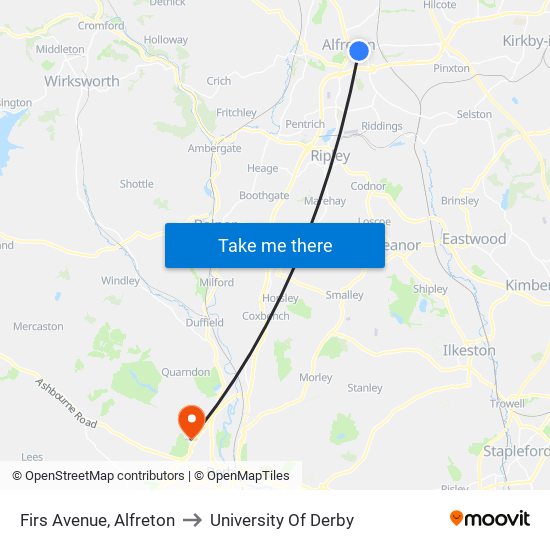 Firs Avenue, Alfreton to University Of Derby map