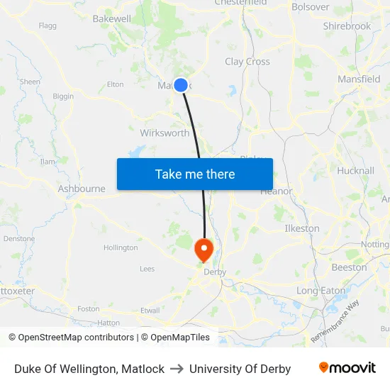 Duke Of Wellington, Matlock to University Of Derby map