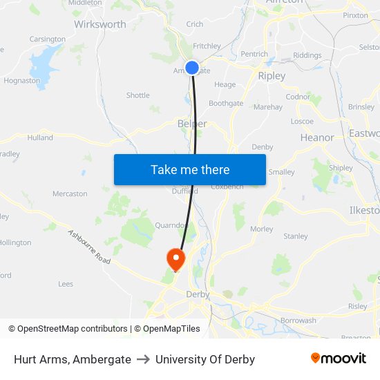 Hurt Arms, Ambergate to University Of Derby map