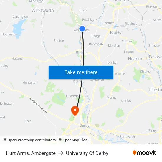 Hurt Arms, Ambergate to University Of Derby map