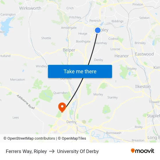 Ferrers Way, Ripley to University Of Derby map