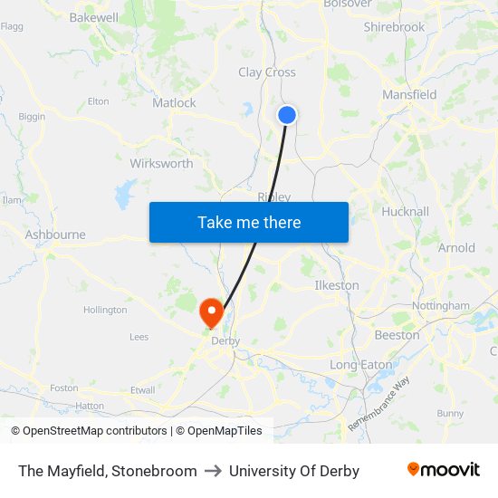 The Mayfield, Stonebroom to University Of Derby map