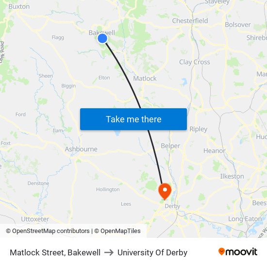 Matlock Street, Bakewell to University Of Derby map