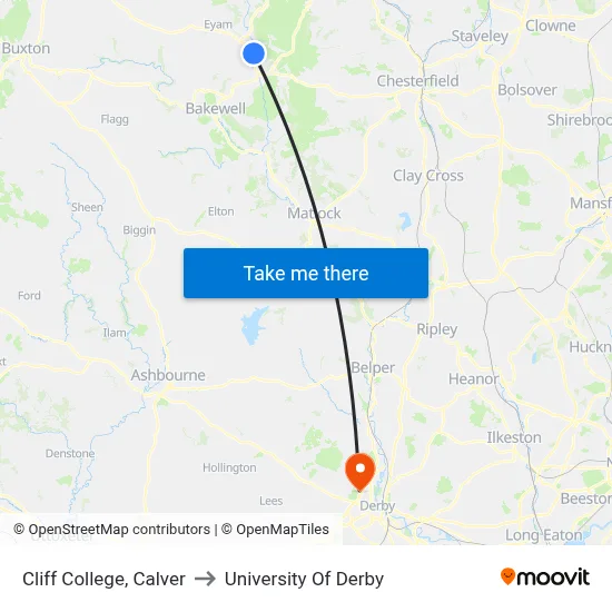 Cliff College, Calver to University Of Derby map