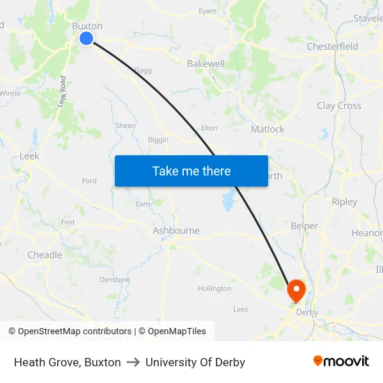 Heath Grove, Buxton to University Of Derby map