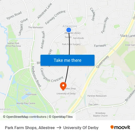 Park Farm Shops, Allestree to University Of Derby map