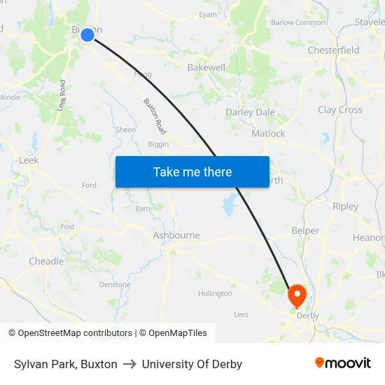 Sylvan Park, Buxton to University Of Derby map