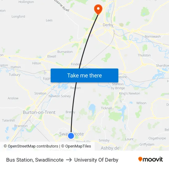 Bus Station, Swadlincote to University Of Derby map