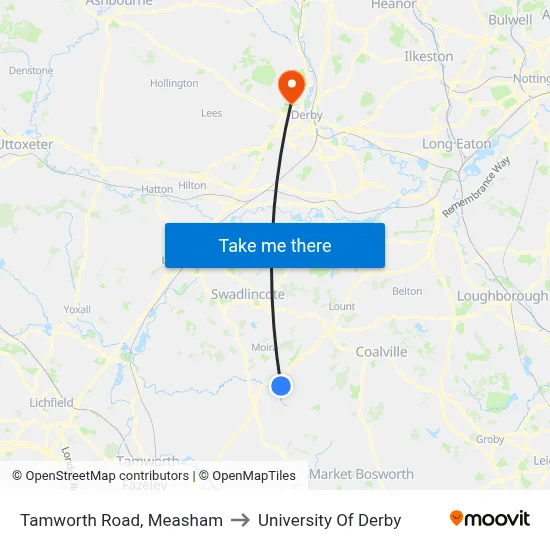 Tamworth Road, Measham to University Of Derby map
