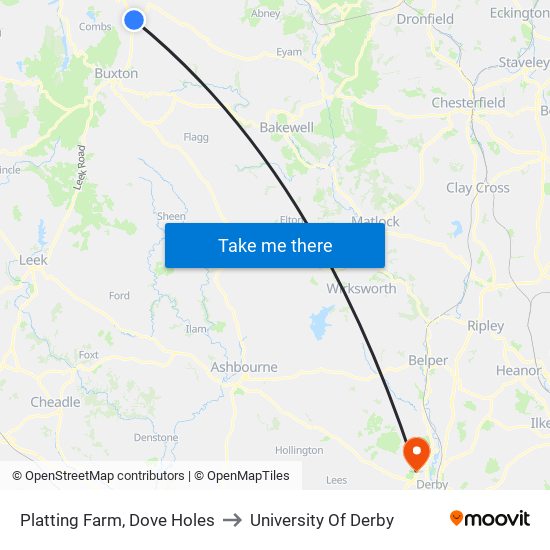 Platting Farm, Dove Holes to University Of Derby map