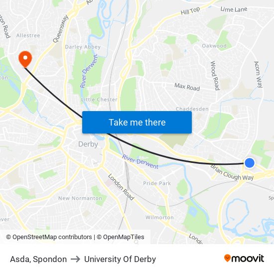 Asda, Spondon to University Of Derby map