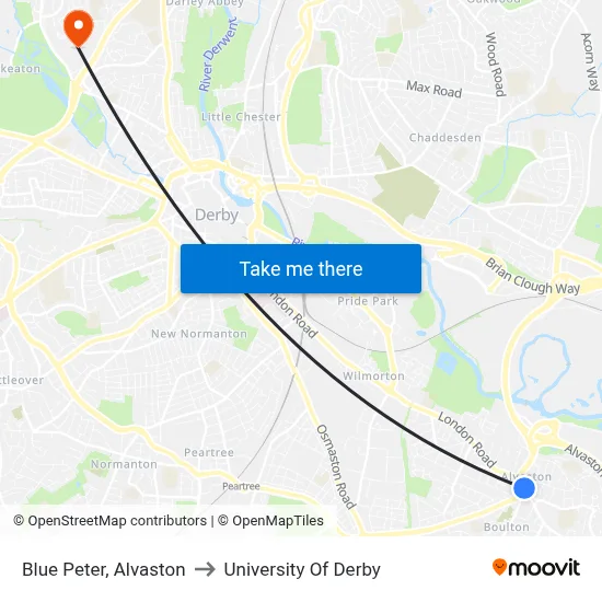 Blue Peter, Alvaston to University Of Derby map