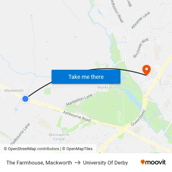The Farmhouse, Mackworth to University Of Derby map
