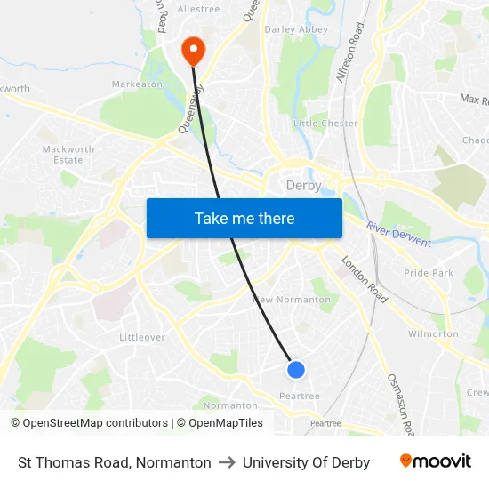 St Thomas Road, Normanton to University Of Derby map
