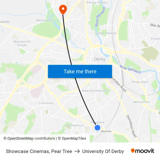 Showcase Cinemas, Pear Tree to University Of Derby map