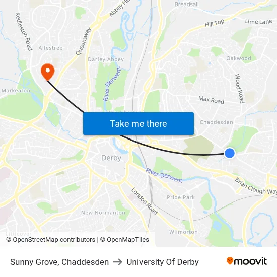 Sunny Grove, Chaddesden to University Of Derby map
