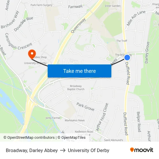 Broadway, Darley Abbey to University Of Derby map